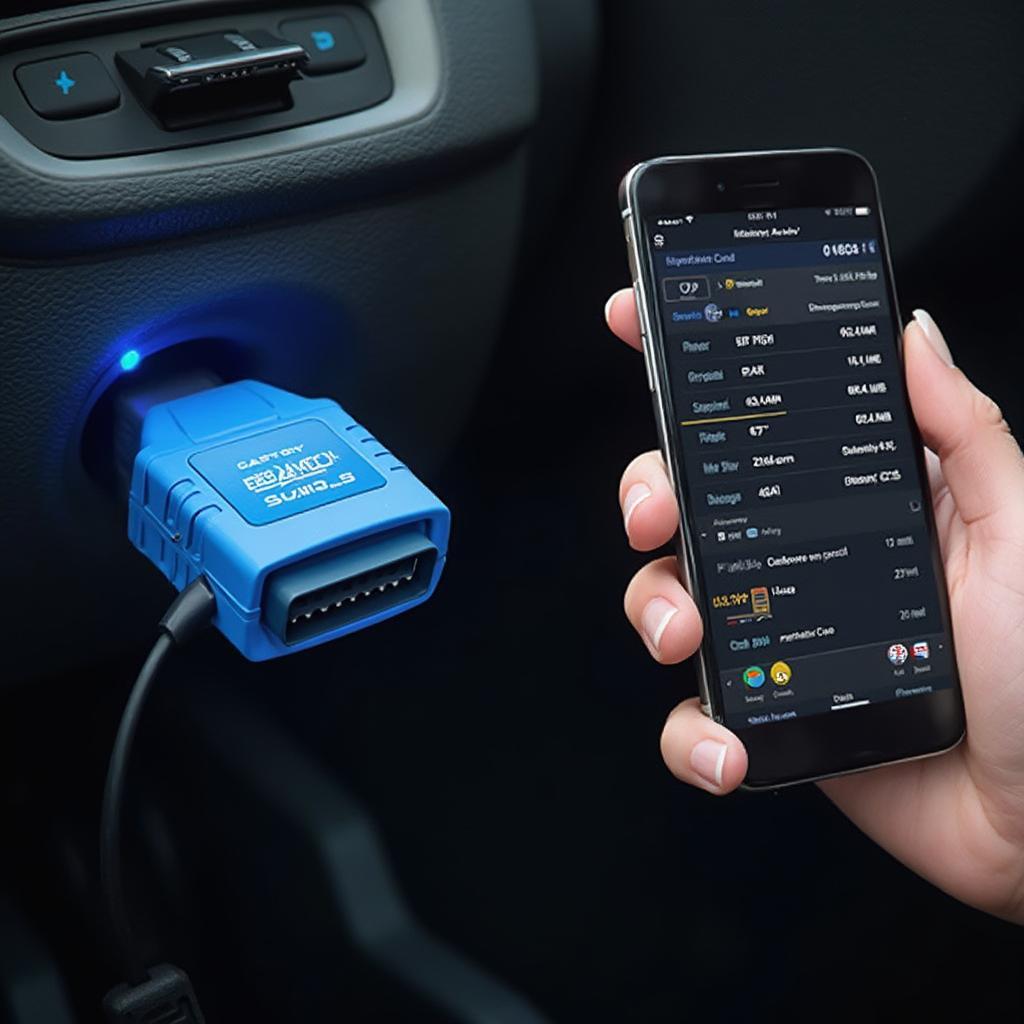 Blue OBD2 Scanner Connected to Car