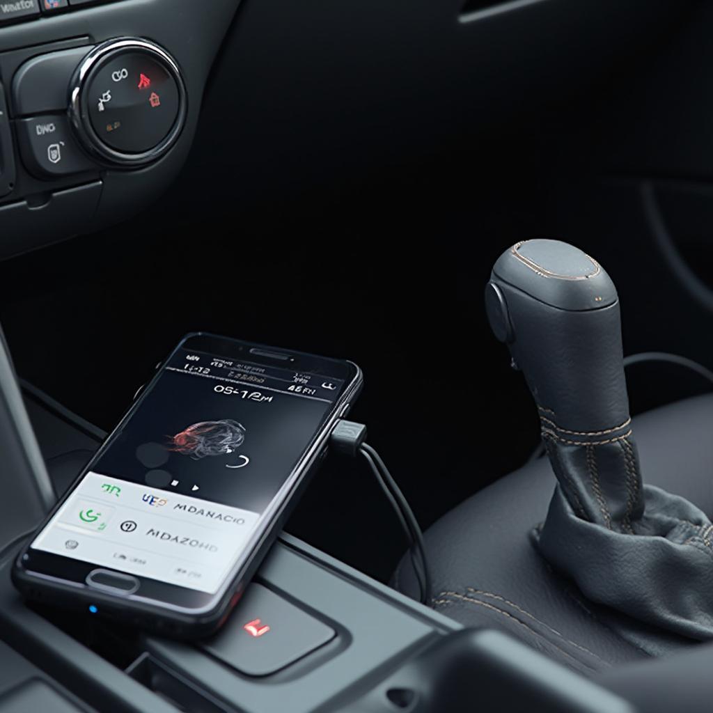 Bluetooth OBD2 reader plugged into a car's OBD-II port and connected to a smartphone.