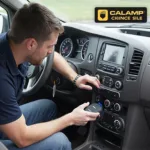 Technician installing a CalAmp GPS OBD2 device