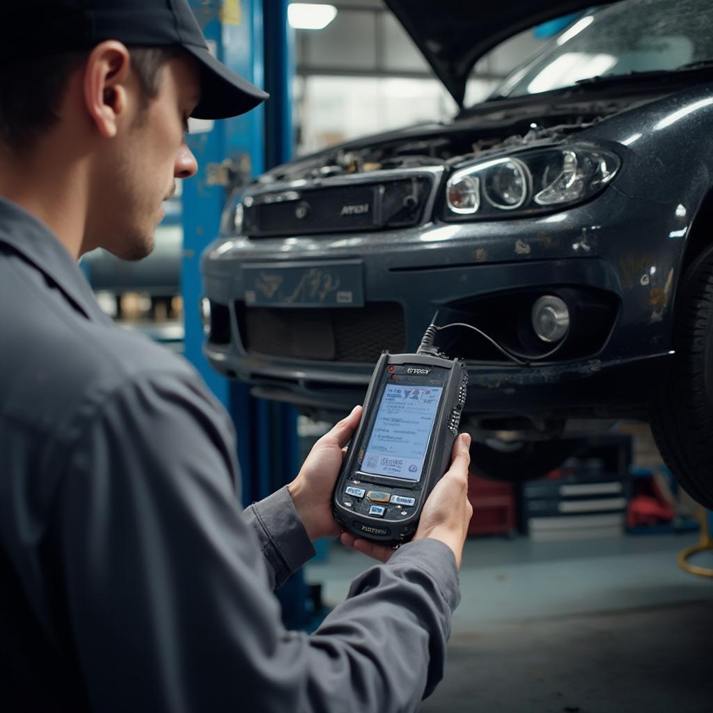 A mechanic using a diagnostic tool to analyze transmission problems in a car.