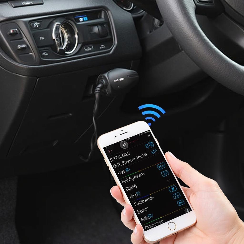 A car wifi OBD2 scanner plugged into a car's OBD2 port, with a smartphone displaying diagnostic data.