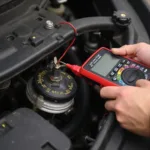 A mechanic checking the wiring and connections related to the oxygen sensor for the OBD2 code P0039.