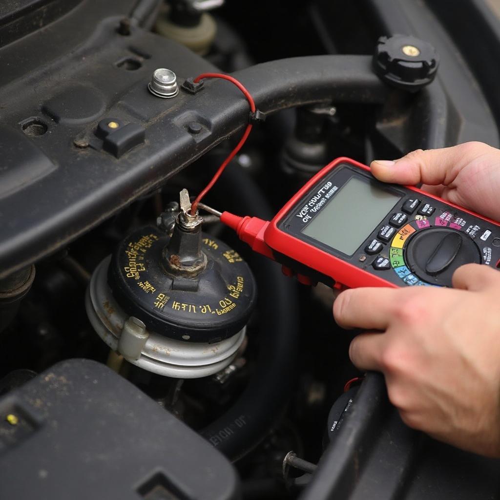 A mechanic checking the wiring and connections related to the oxygen sensor for the OBD2 code P0039.