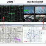 Comparison of different bi-directional OBD2 software interfaces on laptop screens, highlighting user-friendliness and features.