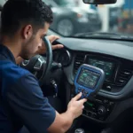 Dealership Technician Using OBD2 Scanner on a Car