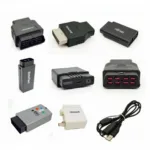 A variety of OBD2 Bluetooth adapters are displayed, showcasing different designs and form factors.