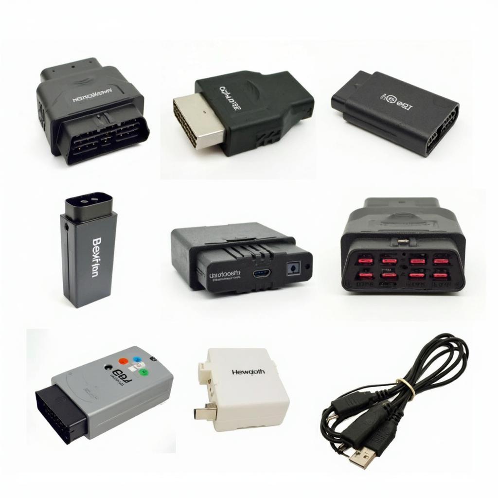 A variety of OBD2 Bluetooth adapters are displayed, showcasing different designs and form factors.