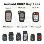 A variety of Android OBD2 key fobs showcasing different designs and features.