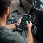 A person using an OBD2 scanner to troubleshoot their car at home.