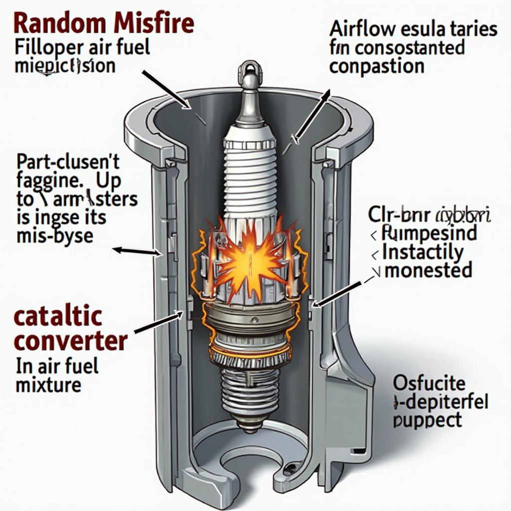 Ford OBD2 Code P0300: Visual representation of a random misfire in a Ford engine, highlighting the erratic combustion and potential damage it can cause.