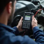 Foxwell NT301 OBD2 scanner being used to diagnose a car's engine.