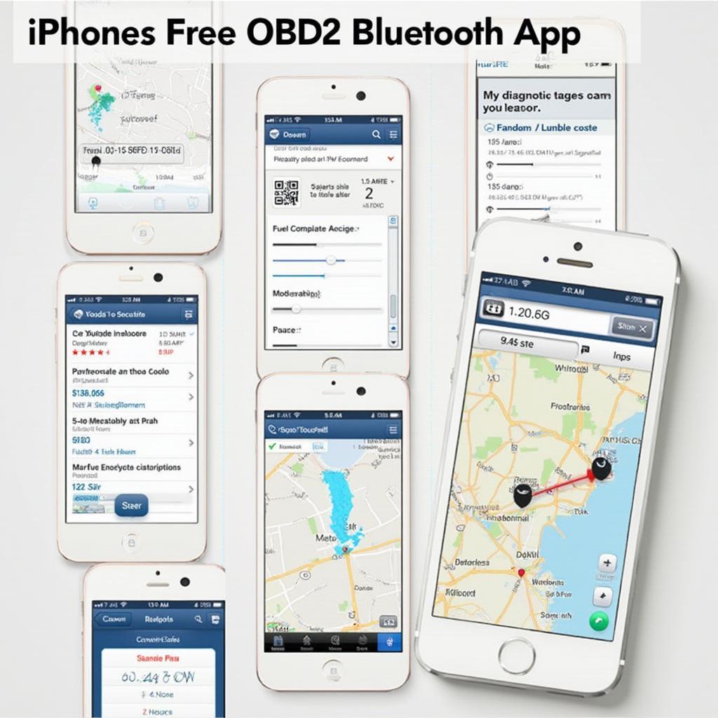 Screenshot of a free iPhone OBD2 Bluetooth app displaying various features like diagnostics, trip tracking, and fuel economy monitoring.