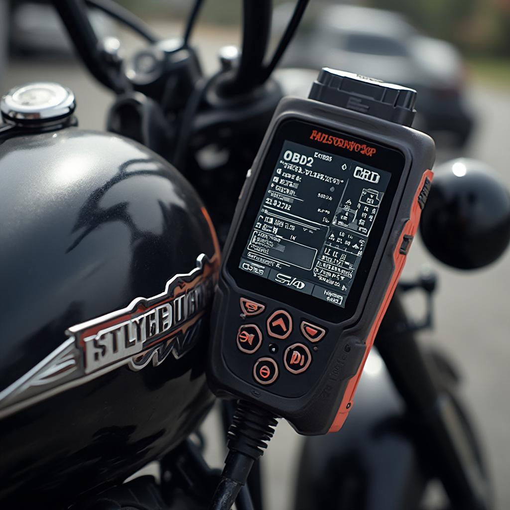 Harley Davidson motorcycle connected to an OBD2 code reader showing diagnostic information on the screen.