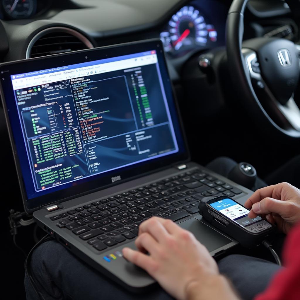 Honda OBD2 Tuning Process with Laptop Connected to Car