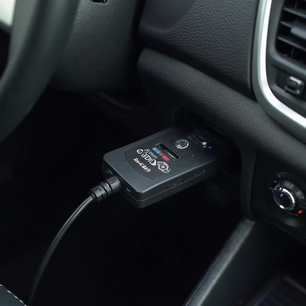 The iCarsoft i990 connected to a car's OBD2 port.