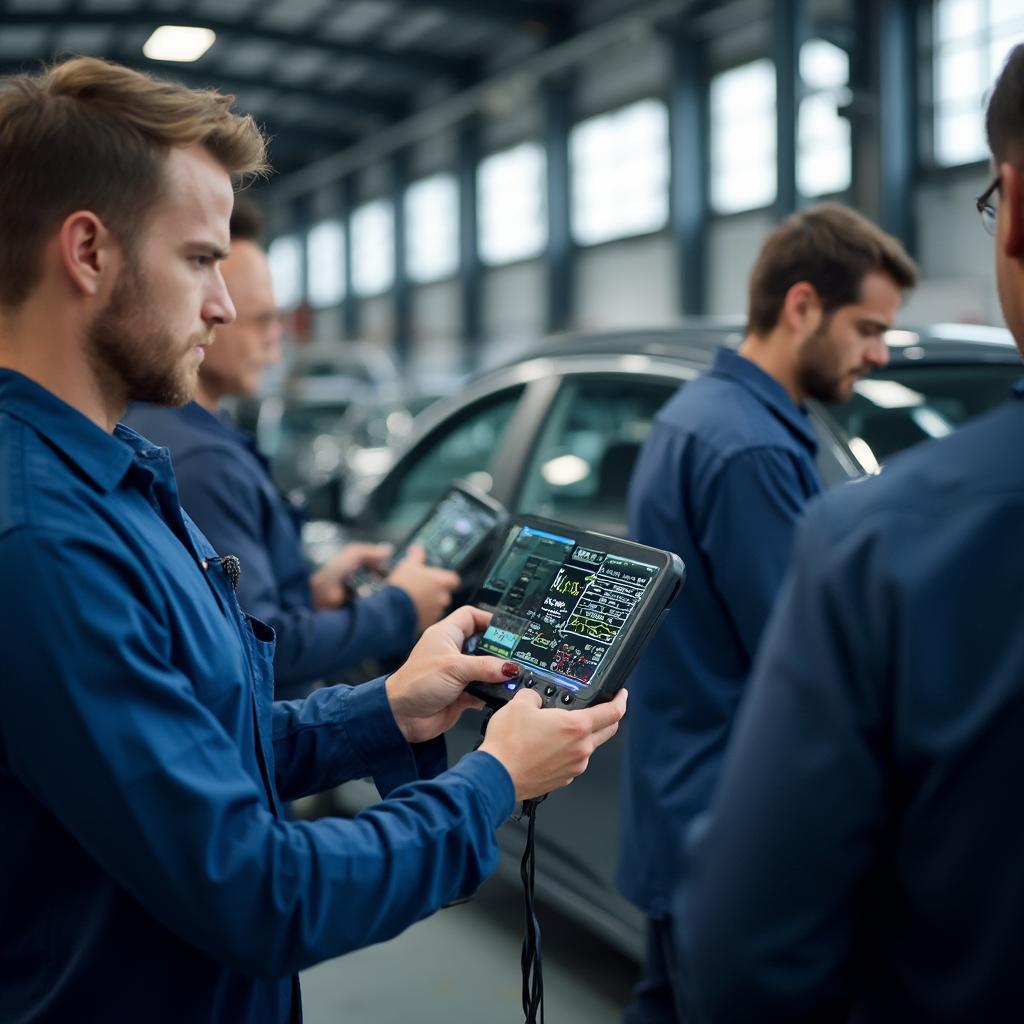 Innovative OBD2 scanners diagnosing car problems in a modern auto repair shop