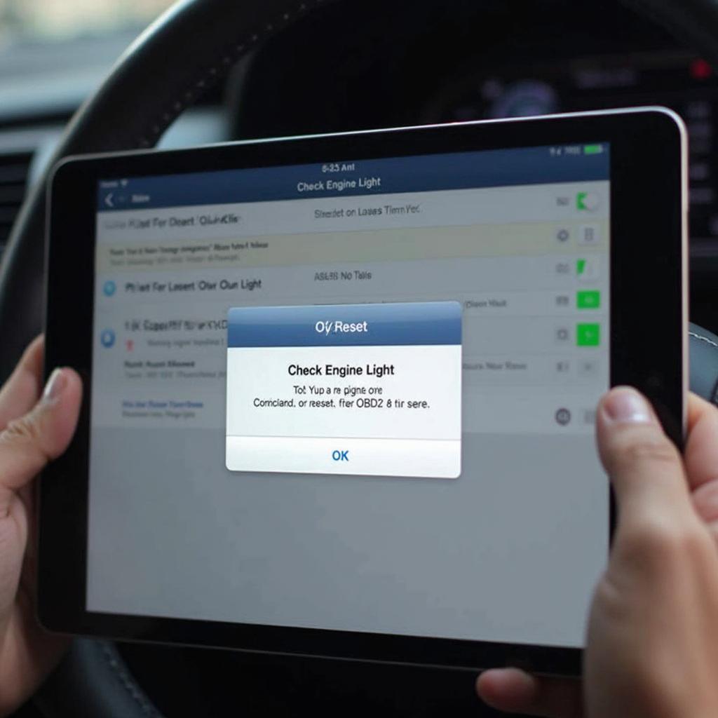 An iPad screen showing the process of resetting a check engine light using an OBD2 app