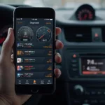 An iPhone displaying real-time OBD2 data from a connected vehicle through a dedicated diagnostic app.