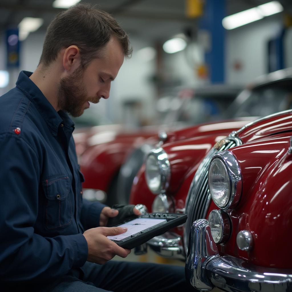 Jaguar Technician Using Diagnostic Tool