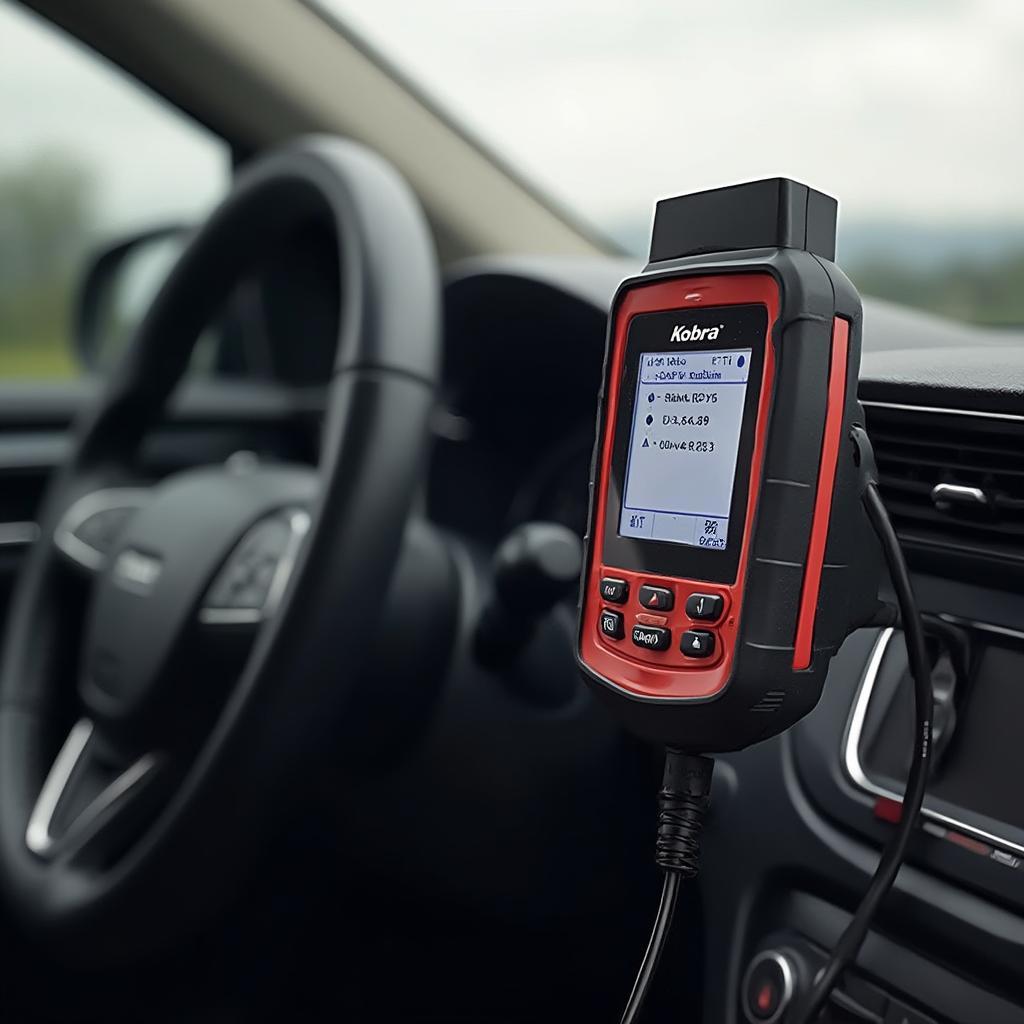 Kobra OBD2 scanner displaying diagnostic trouble codes on its screen