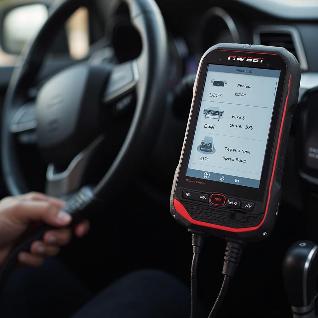 KW808 OBD2 Scanner being used to diagnose a car's engine.