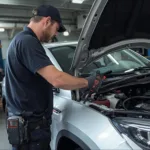 A mechanic using the Launch X431 CRP123 OBD2 scanner to diagnose a car problem.