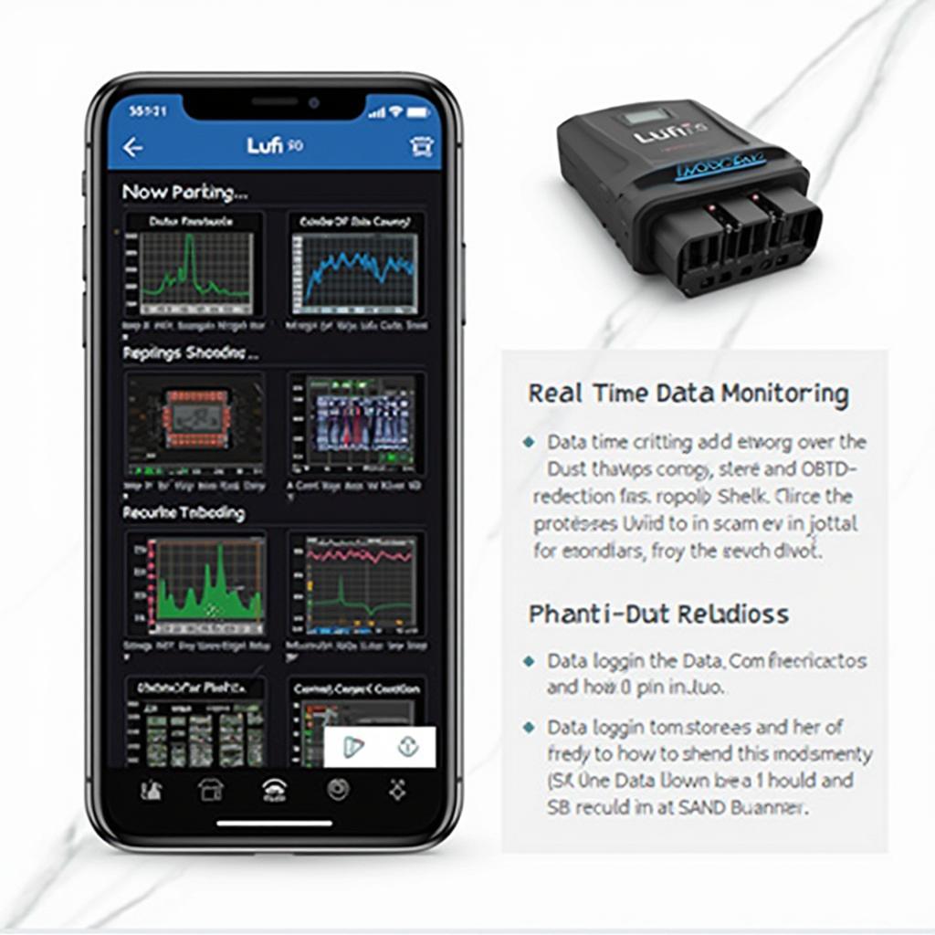 Lufi X1 OBD2 scanner displaying various features on a smartphone app