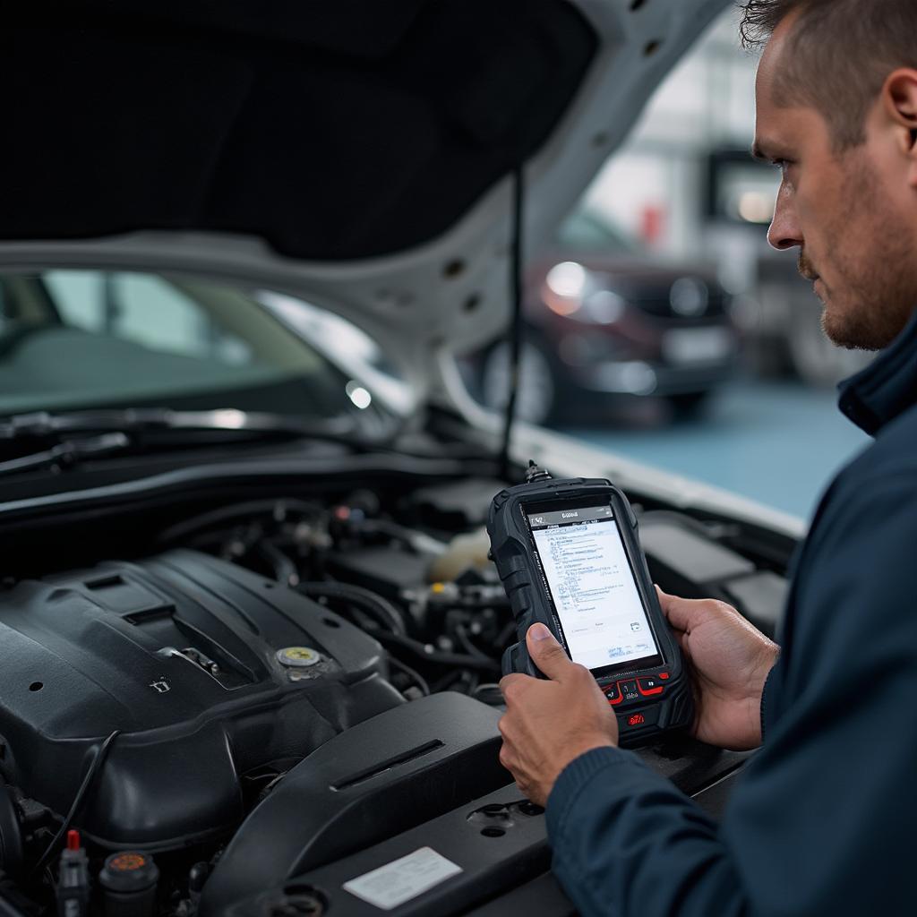 Mechanic Diagnosing a Car Engine with an OBD2 Scanner