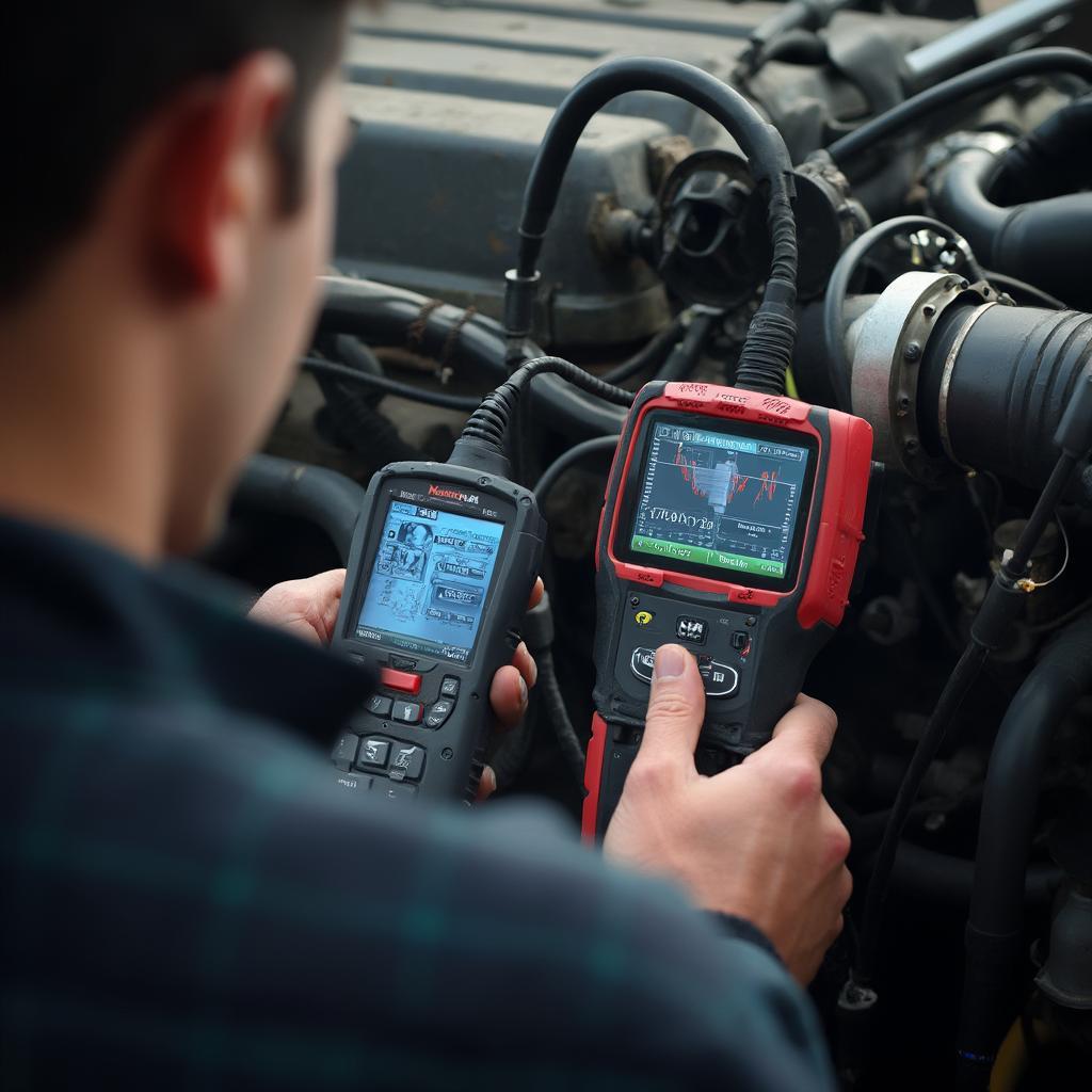 A mechanic diagnosing an OBD2 connection issue on a Dodge Cummins engine