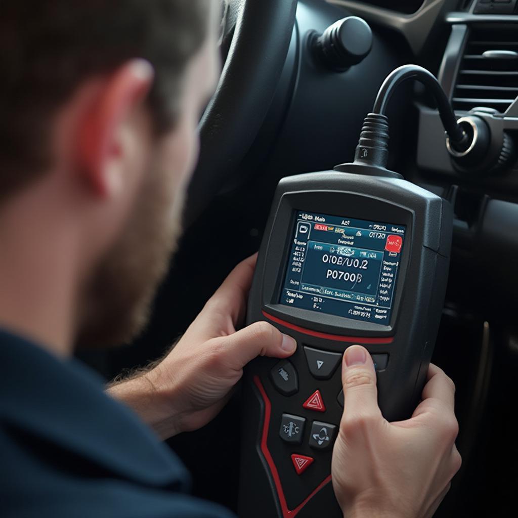 Mechanic Diagnosing P0700 with OBD2 Scanner