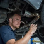 Mechanic Inspecting Car Exhaust System for Leaks and Damage