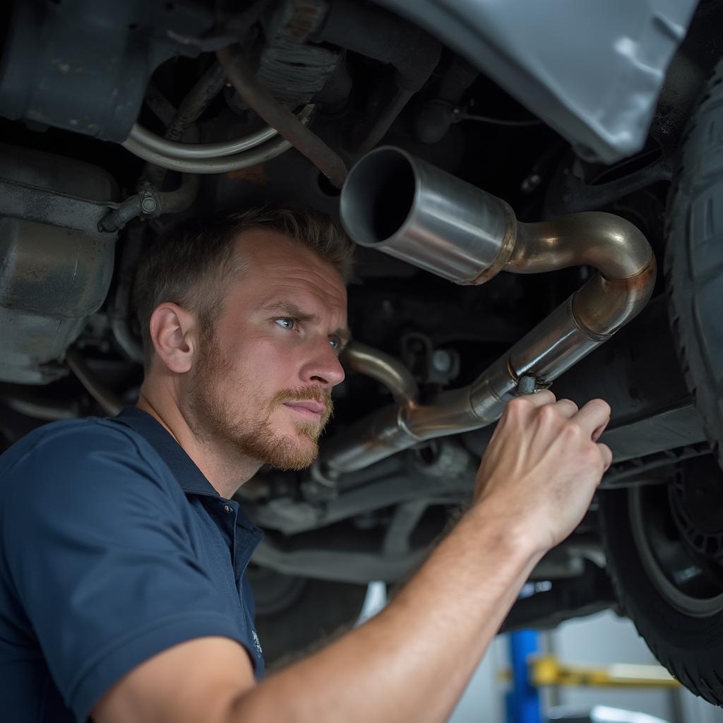 Mechanic Inspecting Car Exhaust System for Leaks and Damage