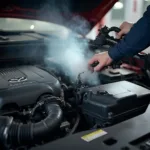 Mechanic Checking for Vacuum Leaks in a Mazda Engine