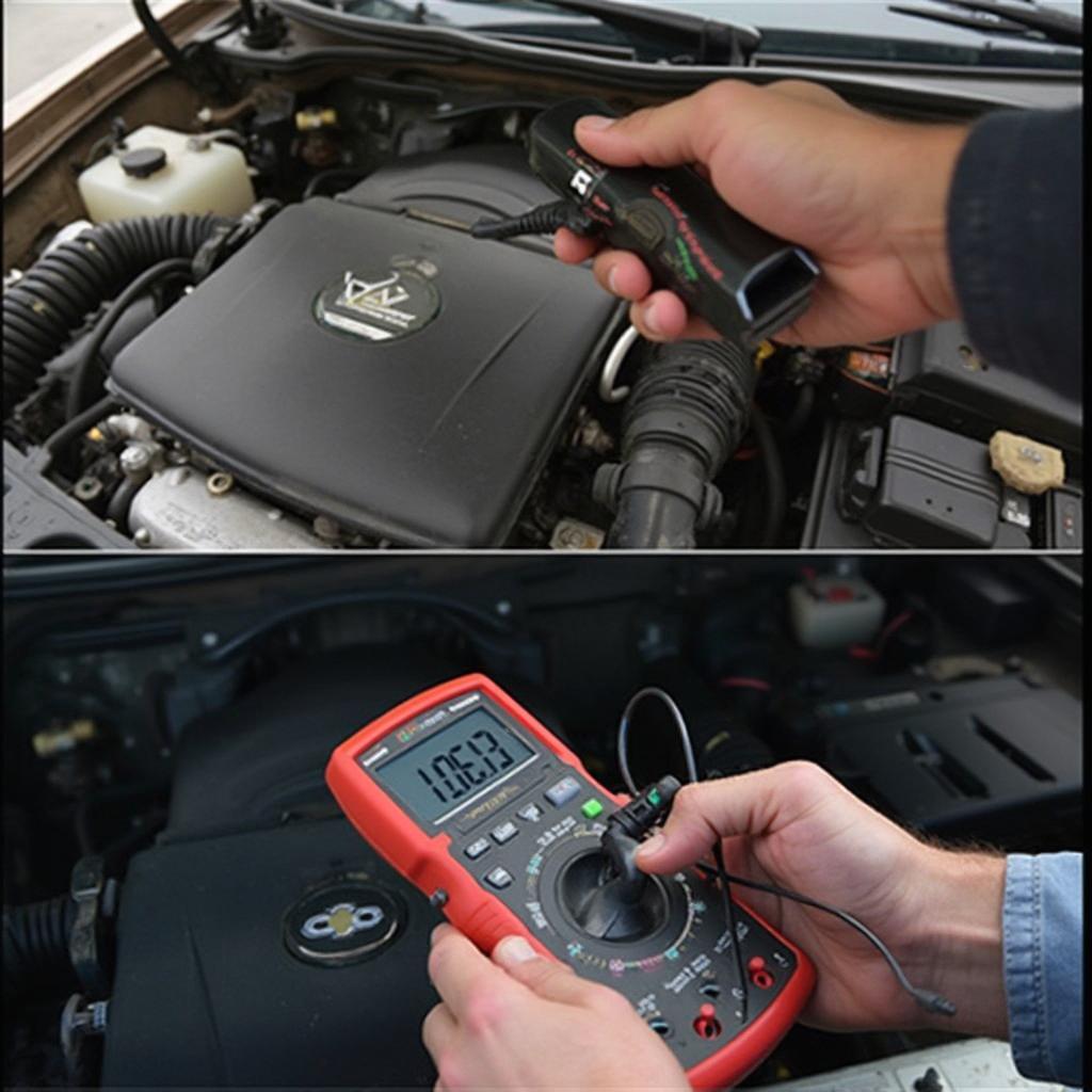 A mechanic testing the oxygen sensor on a Chevrolet engine using a multimeter to diagnose the P0141 trouble code.