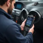 Mechanic using Amtifo OBD2 in a garage