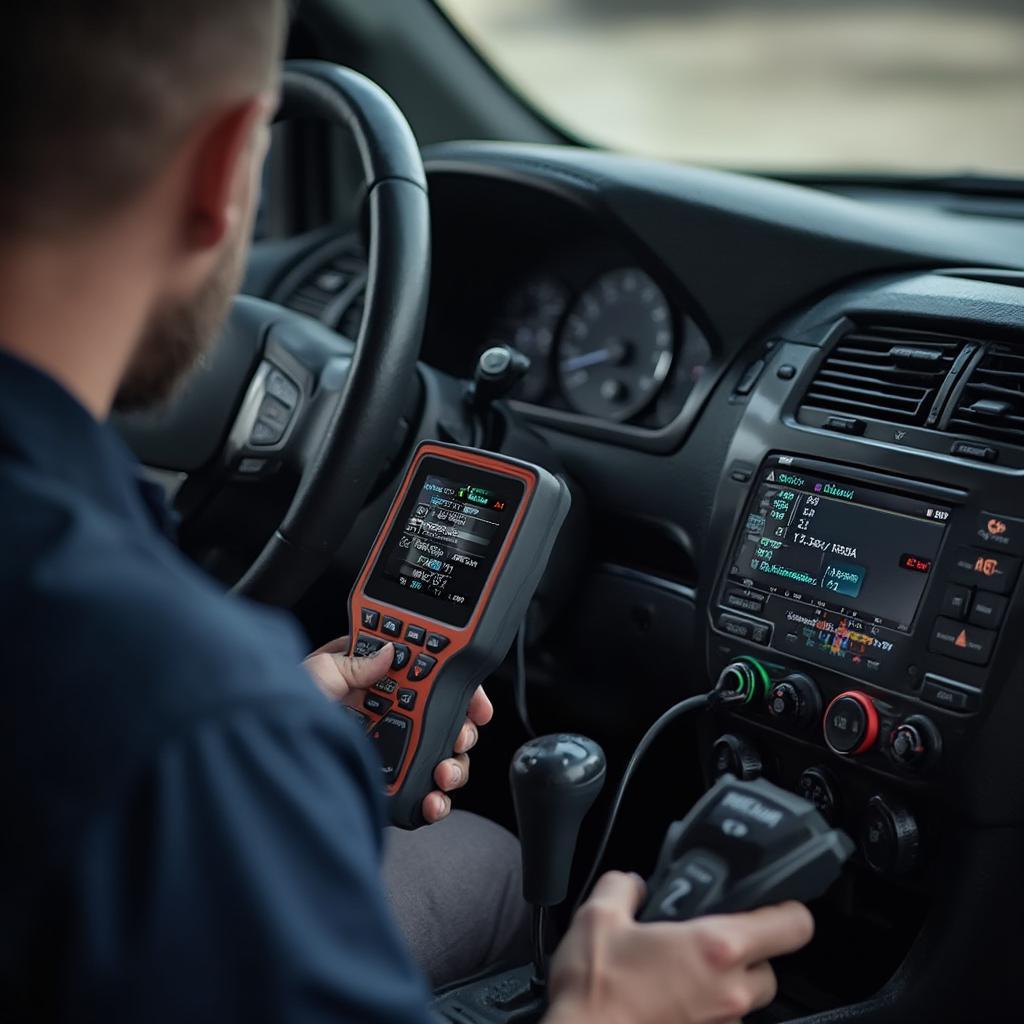 Mechanic Diagnosing P-Codes with an OBD2 Code Reader