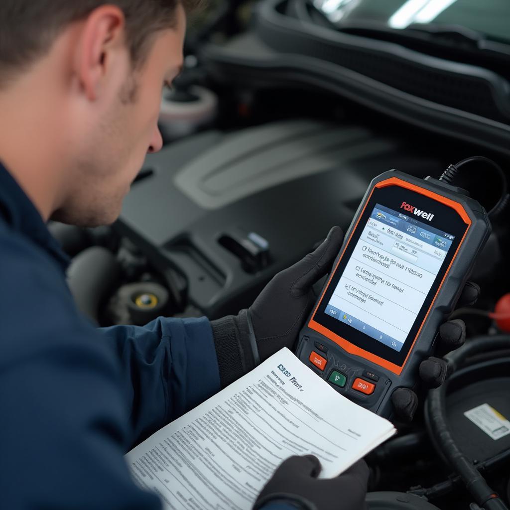 Mechanic Diagnosing Car Issue with Foxwell Scanner