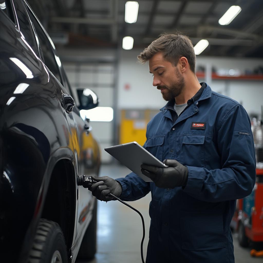 Mechanic using a Goliath Industry WiFi OBD2 scanner in a workshop