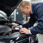 A mechanic using a HyperTough OBD2 scanner to diagnose a car engine.