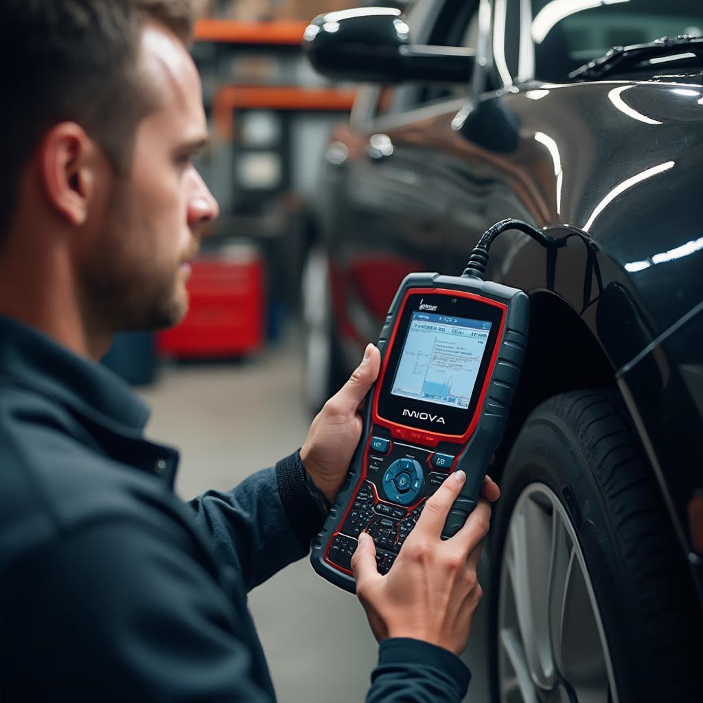 Mechanic Using Innova OBD2 Scanner to Diagnose Car Problems