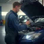 Mechanic Using M7 OBD2 Scanner to Diagnose Car Problem