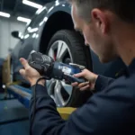 Mechanic using the MS309 OBD2 Code Reader to diagnose a car problem.