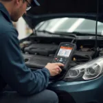 Mechanic Diagnosing Car with OBD2 Autolink