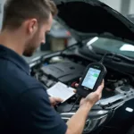 Mechanic Using OBD2 Body Scanner to Diagnose Car Issues