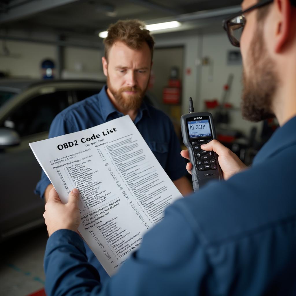 Mechanic referencing an OBD2 fault code list while diagnosing a car problem