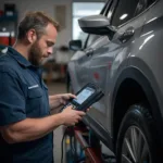 A mechanic using an OBD2 Launch scanner to diagnose a car.