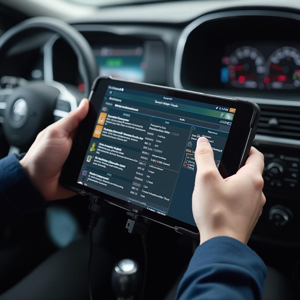 Mechanic Using OBD2 Launch Tablet for Diagnostics