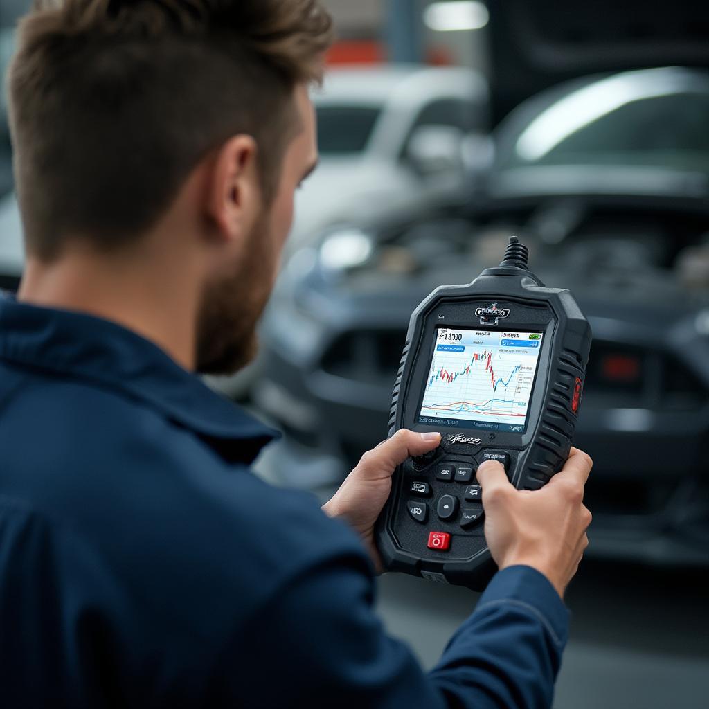 Mechanic using an OBD2 scanner to diagnose a car problem