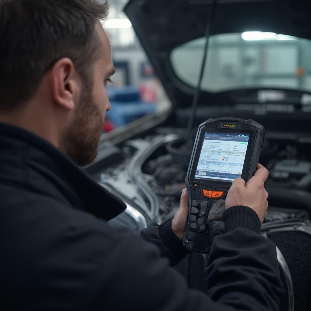 Mechanic diagnosing a car using a professional OBD2 scanner