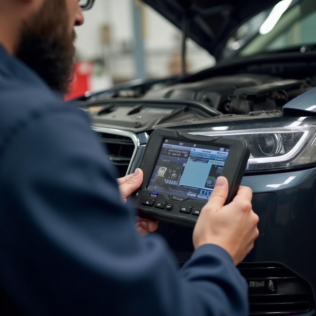 A mechanic using an OBD2 scanner on an Audi A4